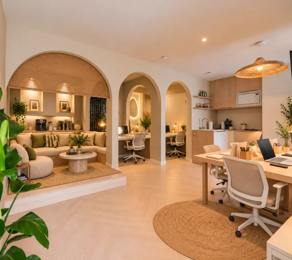 Locaux de l’agence Nine Connexion : espace lounge, postes de travail sous arches et grande table de travail